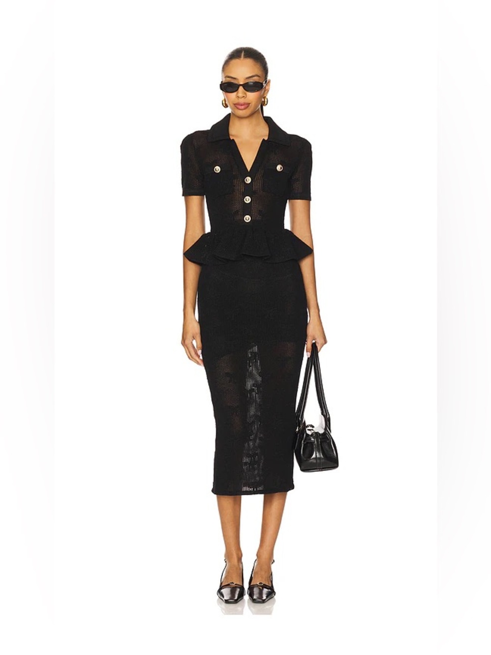 Self-Portrait Black Bow Pointelle Knit Peplum Midi Dress